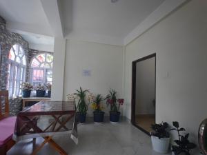 a room with potted plants and a glass table at Yang home stay in Dirang Dzong