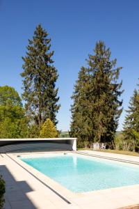 a swimming pool with two pine trees in the background at DomaineduRocBlanc in Merey +17 photos