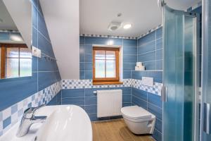 a blue bathroom with a toilet and a sink at Apartmány Studený in Kunratice