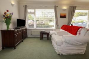 a living room with a white couch and a tv at Tregoning Annexe in Lostwithiel
