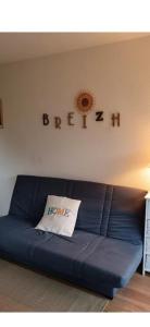 a blue couch with a pillow in a living room at Studio les pieds dans l eau in Sarzeau