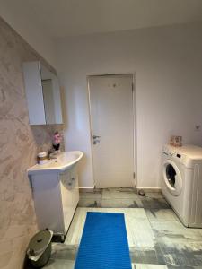 a bathroom with a sink and a washing machine at Otopeni Studios C2 2 Airport Therme in Otopeni