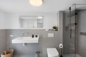 a bathroom with a sink and a toilet and a shower at Kaisers Nescht in Vogtsburg +17 photos