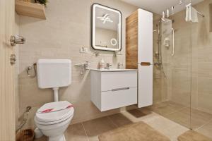 a bathroom with a toilet and a sink and a shower at Casa Dava in Râşnov