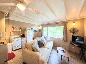 a living room with a couch and a kitchen at #02 - Unique Lakeside Studio Cottage- Pet Friendly in Hot Springs