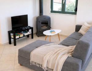 a living room with a couch and a stove at Elysian Seaside Villa in Almyrida