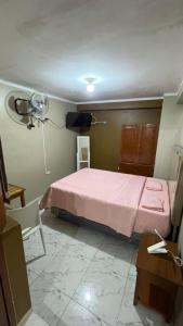 a bedroom with a pink bed and a fan at Hospedaje SAUNA & SPA NOAH in Bagua Grande +7 photos