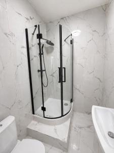 a bathroom with a shower and a toilet and a sink at Jela`s Suite in Vienna