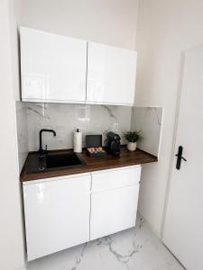 a kitchen with white cabinets and a sink at Jela`s Suite in Vienna