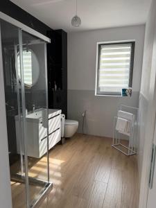 a bathroom with a sink and a toilet and a mirror at MazuryLive in Węgorzewo +9 photos