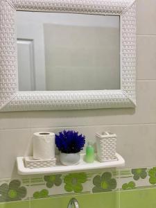 a bathroom with a mirror and a shelf with toiletries at Ali City Hotel tunis in Tunis +8 photos