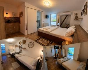 a collage of three pictures of a bedroom at Wood Nest in Bragadiru