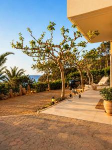 a barbecue grill on a sidewalk next to a house at Vitamin Sea Luxury Villas in Agia Pelagia