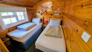 two beds in a wooden cabin with a window at Cabin Gezellig in Trawsfynydd
