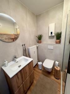 a bathroom with a sink and a toilet and a mirror at RheinStrand, wunderschöne, renovierte Wohnung in Dormagen