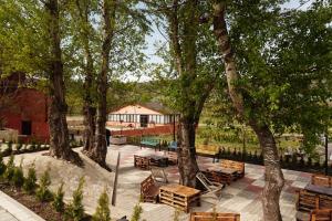 Eine Gruppe von Tischen und Bänken in einem Park mit Bäumen in der Unterkunft Iora Winery in Sagarejo + 20 Fotos