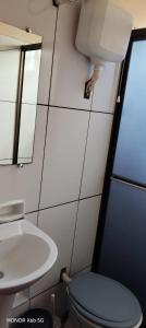 a bathroom with a blue toilet and a sink at Ada H5 in Ciudad del Este