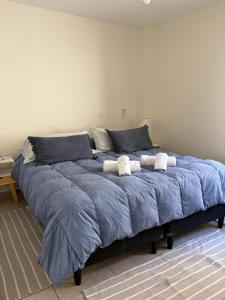 a large blue bed with two white towels on it at Excepcional apartamento, con patio cochera y parrilla en el centro in La Cieneguita