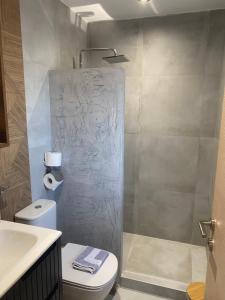 a bathroom with a shower and a toilet and a sink at Vento di Mare in Perea