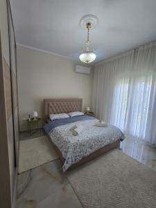 a bedroom with a bed and a chandelier at Villa Ndoni in Berat