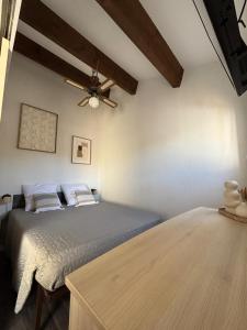 a bedroom with a bed and a ceiling fan at Maisonnette cosy à 400 m de la plage - Saint Cyprien in Saint-Cyprien-Plage