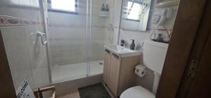 a bathroom with a shower and a toilet at Casa do Lino in Charneca +7 photos