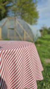 a red and white umbrella sitting on the grass at Les champs sauvages in Saint-Barnabé +5 photos
