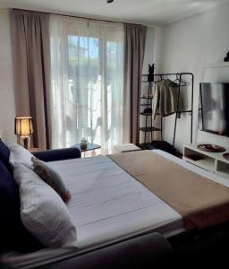 a bedroom with a large bed and a window at Pura Vida Apartmento in Ramales de la Victoria