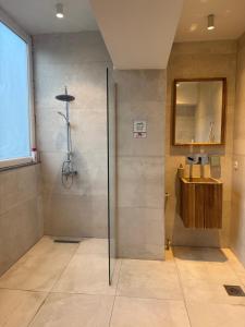 a shower with a glass door in a bathroom at Boulevard Studios NewBorn in Prishtinë