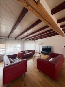 a living room with two red couches and a tv at Villa avec piscine intérieure, proche Strasbourg in Holtzheim