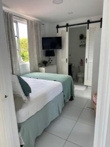 a bedroom with a bed and a bathroom with a television at Moulin A vent apartment in Monchy