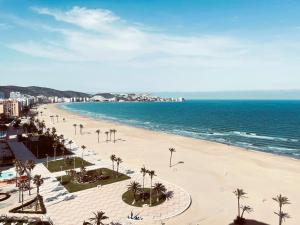 a view of a beach with palm trees and the ocean at Espacio I in Cullera