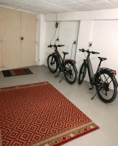 three bikes parked in a room with a rug at "Les Chacobins" - appart'étape avec Garage Vélos in La Réole
