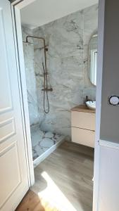 a bathroom with a shower with a marble wall at Studio avec vue piscine in Missy-sur-Aisne