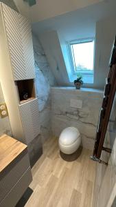 a bathroom with a toilet in the middle of a room at Studio avec vue piscine in Missy-sur-Aisne +1 photo