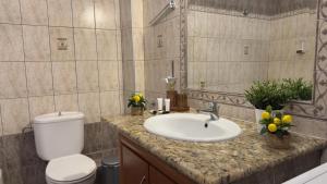 a bathroom with a sink and a toilet and a mirror at Complex Summer Memories Souzan in Keramoti +45 photos