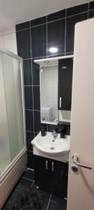 a bathroom with a sink and a mirror at Lina Apartment in Bitola +12 photos