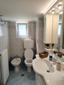 a bathroom with a toilet and a sink and a mirror at The View in Souvala +21 photos