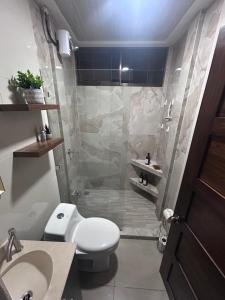 a bathroom with a white toilet and a shower at Rustic Ranch in Fortuna +9 photos