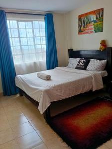 a bed in a bedroom with blue curtains and a window at Classy bedroom Ngong in Ngong