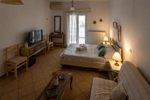 a living room with a bed and a tv and a couch at Kythaeri Studios in Frátsia