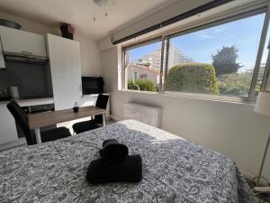 a bedroom with a bed and a large window at La Studette Marina 06 in Villeneuve-Loubet