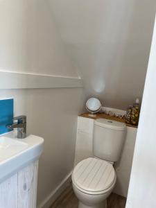 a small bathroom with a toilet and a sink at Hope Corner in Filey +41 photos