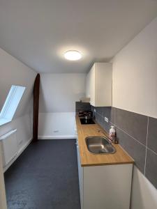 a small kitchen with a sink and a counter at Gästehaus E&E in Nierstein