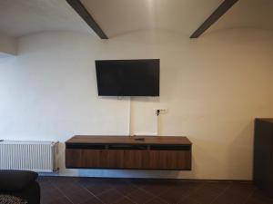 a living room with a flat screen tv on a wall at Apartmaji pr'Muranček in Radovljica