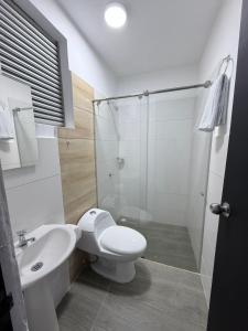a bathroom with a toilet and a sink and a shower at Hotel Logistico in Santa Marta