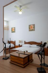 a bedroom with a bed and a ceiling fan at Vida House in Borsh