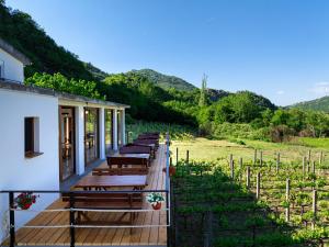 a row of wooden benches sitting on a deck at Vržina Farm House Skadar Lake in Virpazar