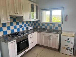 a kitchen with white cabinets and a sink and a window at Casa Gaia in Serpins +29 photos