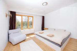 a white bedroom with a bed and a chair at Villa Cetatuia in Cluj-Napoca